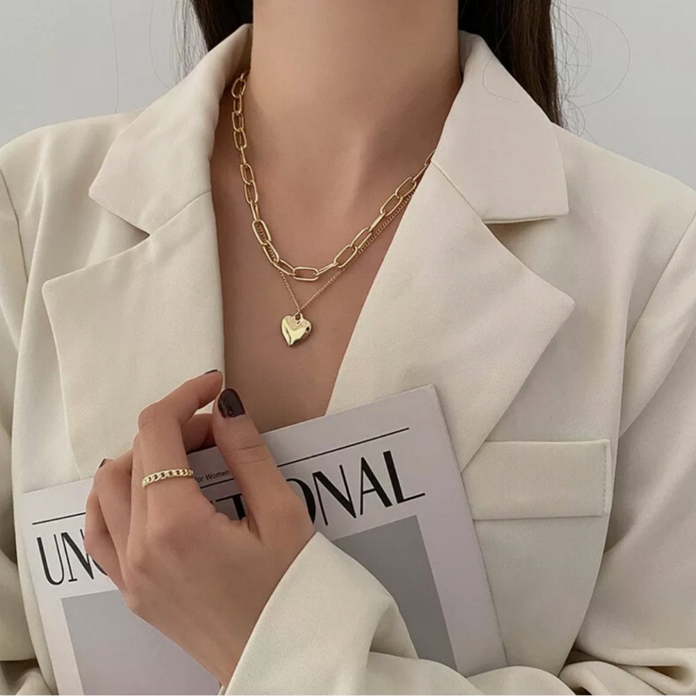 Double Layer Women Jewelry Gold Heart Charms Pendant Necklace New - Picture 3 of 11
